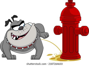 Gray Bulldog Cartoon Mascot Character Peeing On A Fire Hydrant. Vector Hand Drawn Illustration Isolated On Transparent Background