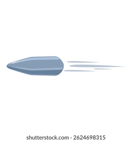 Gray bullet flying and leaving smoke trail, fast metal projectile illustration isolated on white background