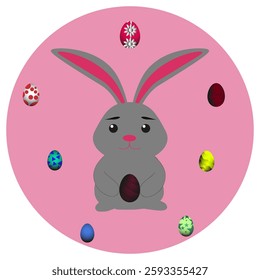 Gray bunny with Easter eggs on a pink and white background