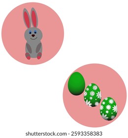 Gray bunny with Easter eggs on a pink and white background