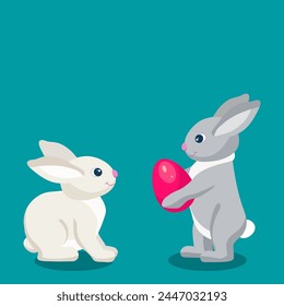 A gray bunny gives a dyed red egg to a white bunny sitting next to him on blue background. Cartoon vector illustration for print, card, poster. Copy space
