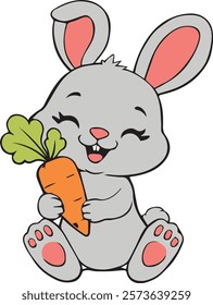 A gray bunny happily eating a carrot vector illustration