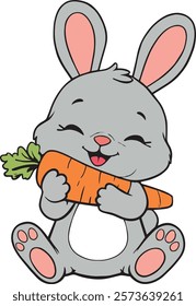 A gray bunny happily eating a carrot vector illustration