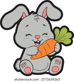 A gray bunny happily eating a carrot vector illustration