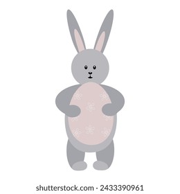 Gray bunny holding an Easter egg. Funny toy rabbit. Happy Easter character. Festive spring card, banner. Hand drawn vector illustration in cartoon flat style.
