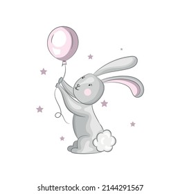Un conejo gris sostiene un globo inflable en sus manos