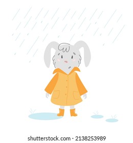 A gray bunny in an orange raincoat in the rain. Cute pets. Vector illustration with hand-drawn style on white background