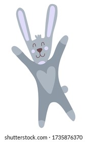 Gray bunny rabbit with funny face and big ears. Cute kawaii cartoon character jumping up. Baby greeting card template. Flat design. Vector illustration with a hare