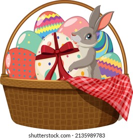 conejo gris sentado en una cesta llena de ilustración de huevos