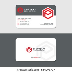 gray business card, print template, letter e and red hexagon, corporate identity and stationery