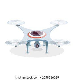 Gray business flying drone with action camera created video and photo in sky. Photography-drone fly in air. 
Modern flat style vector illustration on white background. Isolated on white background. 