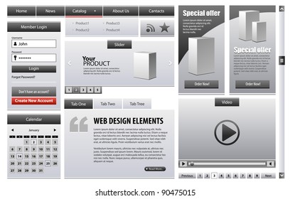 Gray Business Web Design Elements Version Grayscale 2: Menu, Navigation Bar, Slider, Banners, Video Player, Calendar, Tabs, Login Form, Scroller, Pagination