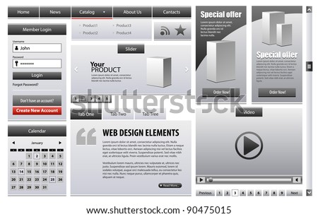 Gray Business Web Design Elements Version Grayscale 2: Menu, Navigation Bar, Slider, Banners, Video Player, Calendar, Tabs, Login Form, Scroller, Pagination