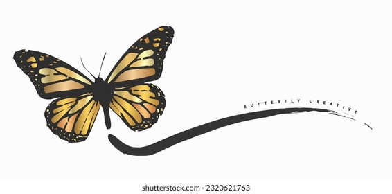 Gray butterfly design and pastel metallic colors with wavy trail. Elegant flat design, template silhouette, modern logo. 