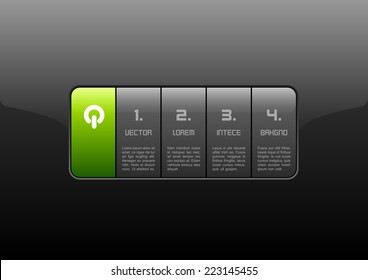 Gray buttons on the black panel. Green switch  layout with glossy interface. Vector elements.