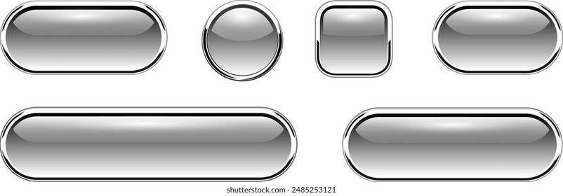 Gray buttons set, glossy isolated icons with metallic chrome elements, vector illustration.