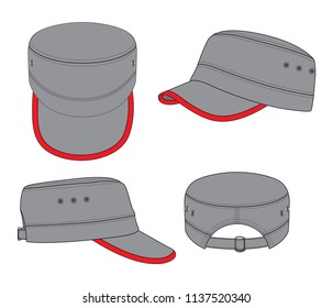 Gray Cadet Military Cap With Red Edging Rim Brim Cap And Adjustable Metal Buckle Strap Back Design On White Background.