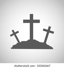 Gray Calvary icon with three crosses on light background. Vector illustration. Calvary sign in flat design.