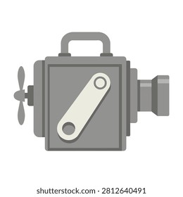 Gray camera with handle and propellor on side, old film camera