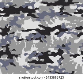 
Gray camouflage digital pixel pattern, repeat background, modern texture winter background