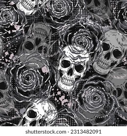 Gray camouflage seamless pattern with skulls, roses, splattered paint, halftone shapes. Dense chaotic composition For apparel, fabric, textile, sport goods Grunge texture