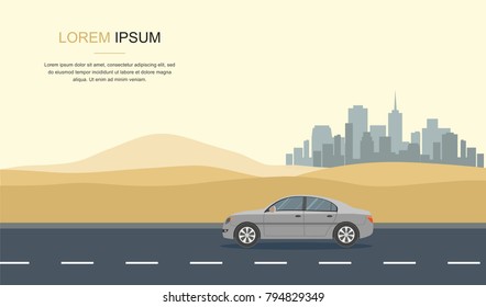 Gray Car Drive in the Desert Vector Illustration