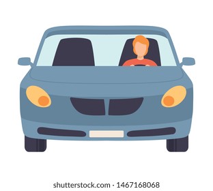 Gray Car with Driver, Front View Flat Vector Illustration