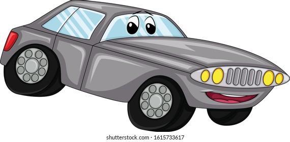 Gray car with eyes and mouth cartoon vector illustration