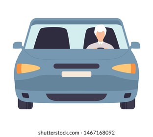 Gray Car with Male Driver, Front View Vector Illustration