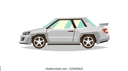 Gray car sedan. Side view. Transport for travel. Gas engine. Alloy wheels