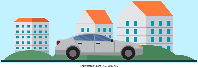 Gray car side view outdoors. Car is driving on road. Landscape with residential buildings and automobile. Driving in modern downtown. Vehicle on background of cityscape with buildings and nature