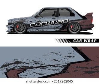 Design de envoltório de carro cinza com pinças de freio vermelho e efeito grunge adequado para empresas automotivas para um olhar moderno e ousado.