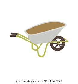 Gray cart for transporting vegetables from the garden. Wheelbarrow for harvesting, trolley. Colorful vector isolated hand drawn illustration. Equipment for agriculture, farming. Country life