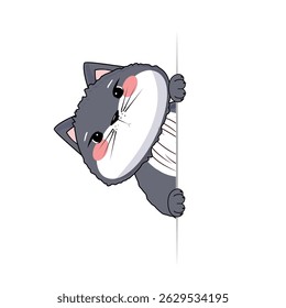 Gato de desenhos animados cinzento espiando da borda, bochechas cor-de-rosa, brincalhão e curioso, animal bonito, isolado no branco
