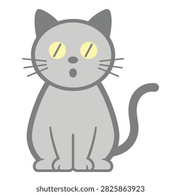 A gray cartoon cat with yellow eyes and a surprised expression sits upright looking shocked or amazed