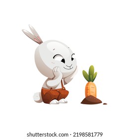 El caricaturista gris plantó una zanahoria en la ilustración del vector del suelo