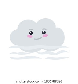 Gray cartoon cloud with a cute face in the fog. The rain cloud smiles. Foggy weather. Isolated vector illustration