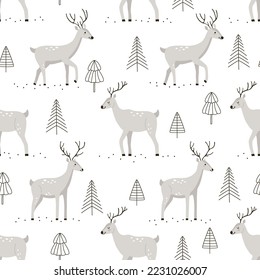 Gray cartoon deer characters in different poses with Christmas trees on a white background. Seamless vector winter pattern for fabric, wallpaper, branding, and wrapping. Print for gifts for the New