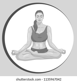 Gray cartoon illustration of a woman in yoga pose maditating