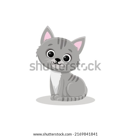 Gray cartoon kitten sits on a white background. Cute cat in cartoon style. Vector illustration  for postcard, banner, web, design, arts