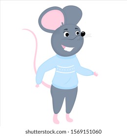 Gray cartoon mouse in a blue sweater. Rat is a symbol of Chinese New Year 2020.