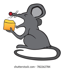A gray cartoon mouse is enjoying a meal of cheese