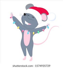 Gray cartoon mouse in a hat of Santa Claus with a light garland. Rat is a symbol of Chinese New Year 2020.