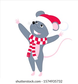 Gray cartoon mouse in a hat of Santa Claus and a striped scarf. Rat is a symbol of Chinese New Year 2020.