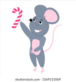 Gray cartoon mouse holds a striped lollipop. Rat is a symbol of Chinese New Year 2020.
