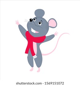 Gray cartoon mouse in a red scarf. Rat is a symbol of Chinese New Year 2020.