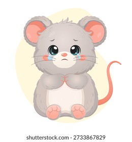 Gray cartoon mouse sitting with tears in big eyes and pink cheeks, expressing sadness, emotional distress, and disappointment on a light yellow background