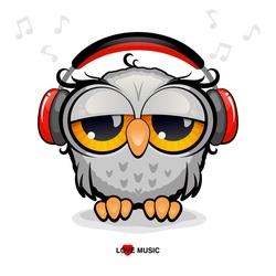 Gray Cartoon Owl With Red Headphones On A White Background. Concept Music, Relaxation 