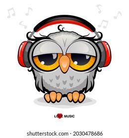 Gray cartoon owl with red headphones on a white background. Concept music, relaxation 