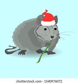 Gray cartoon rat in a hat of Santa Claus, Symbol of the new 2020, on a light blue background, vector